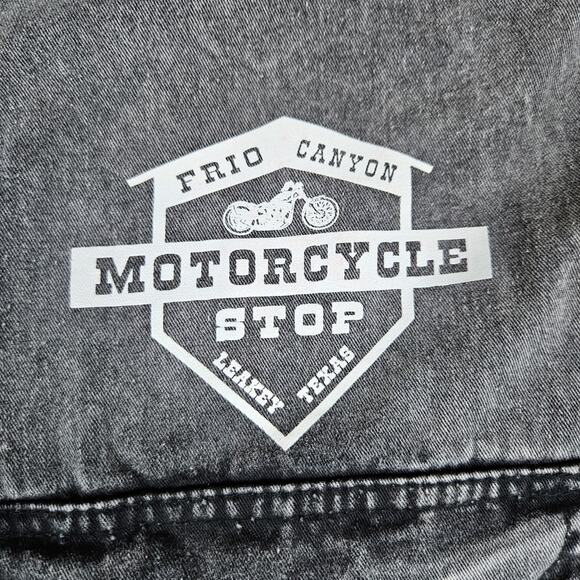 Y2K Denim Biker Vest Frio Canyon Motorcycle Texas Three Twisted Sisters Frayed L - Picture 3 of 10